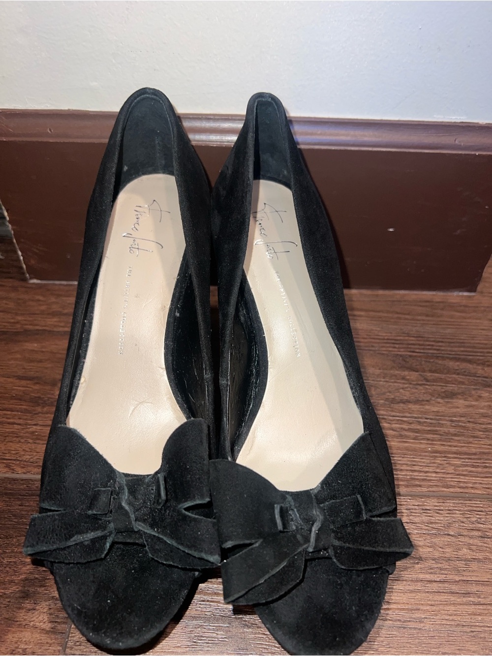 Franco Sarto "A-Keen" Black Suede Bow Platform Heels Peep Toe Size 8.5
